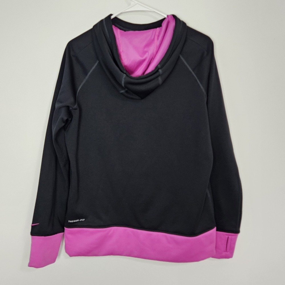 Nike Therma-Fit Hoodie Women's Sz L Pullover Thumb Holes Big Logo Black Fuchsia - Picture 2 of 11